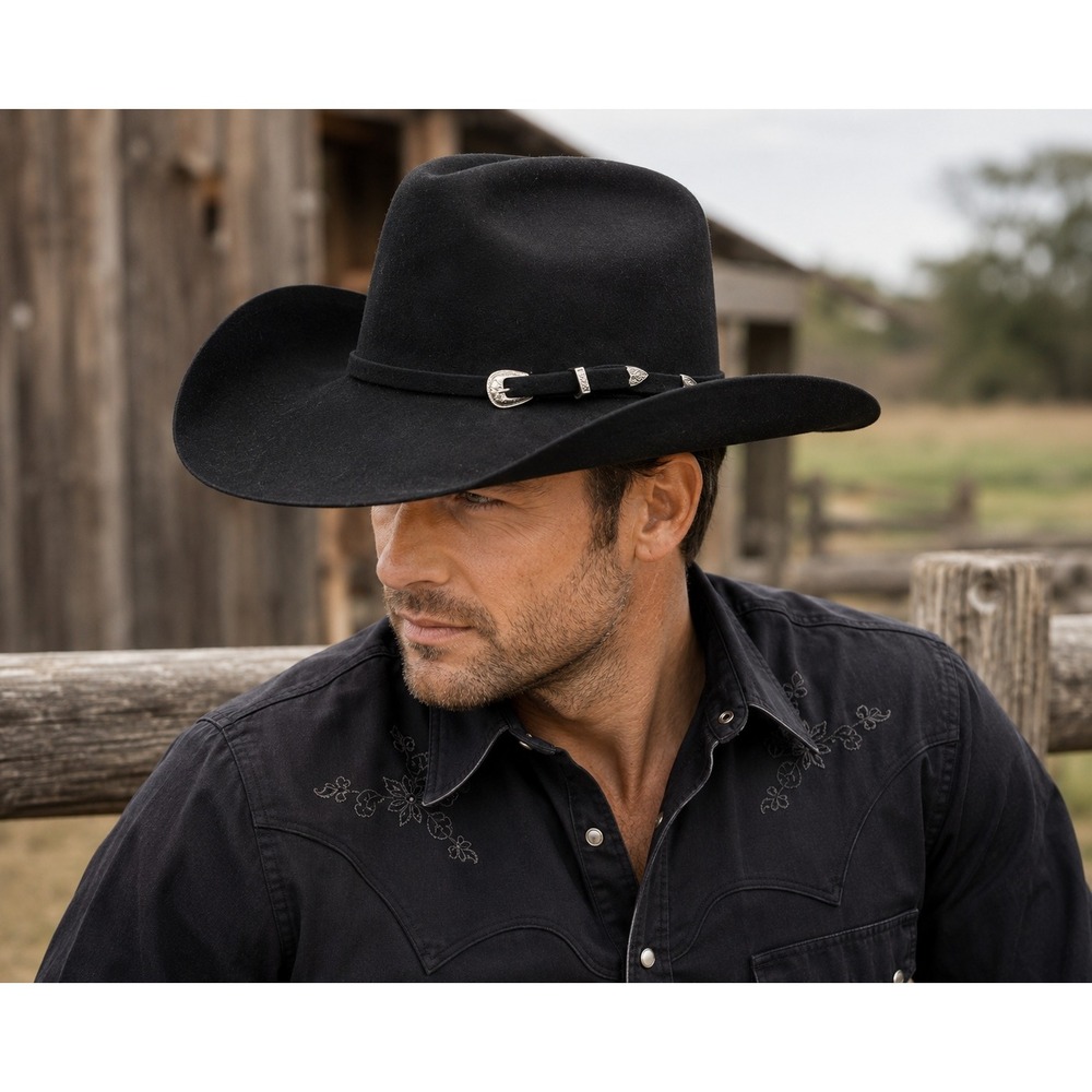 Justin XXX Western Wear Cowboy Hat Unisex 7 1/8th 57 Black Wool Cowgirl Buckle